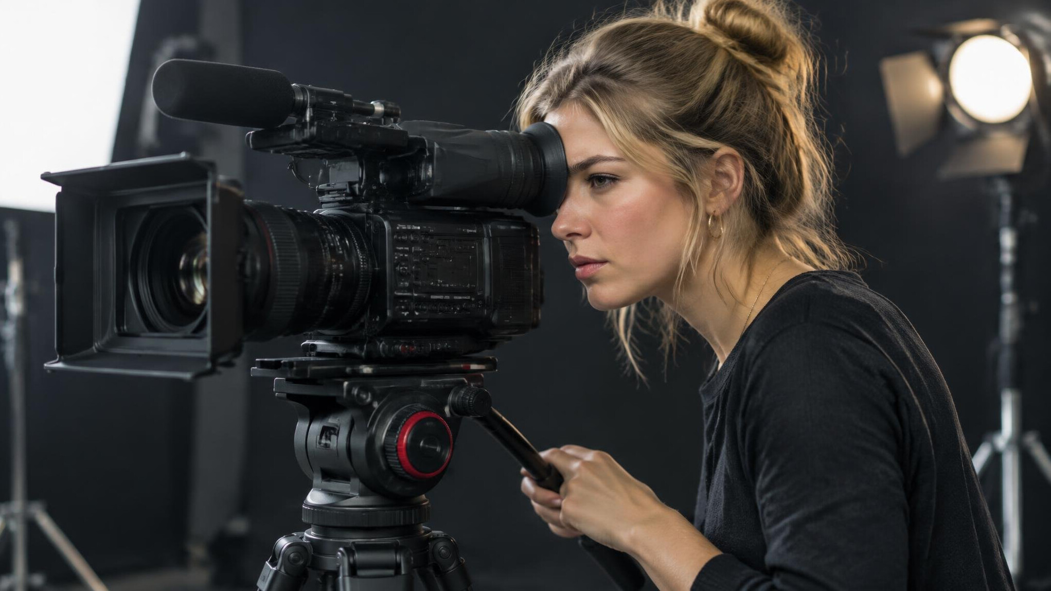 Camera operator framing a shot through viewfinder