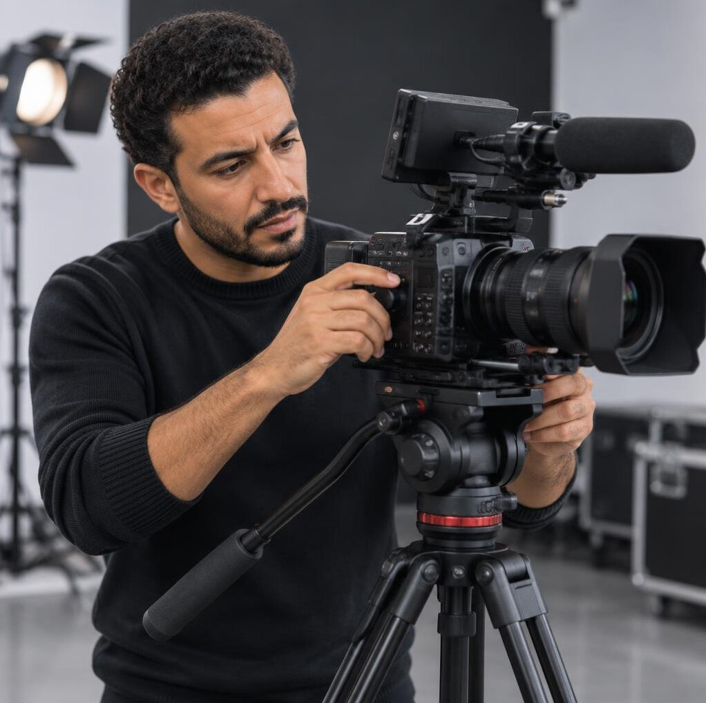 Camera operator adjusting camera settings