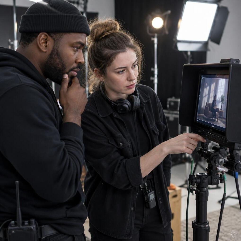 Production team reviewing a shot on a monitor