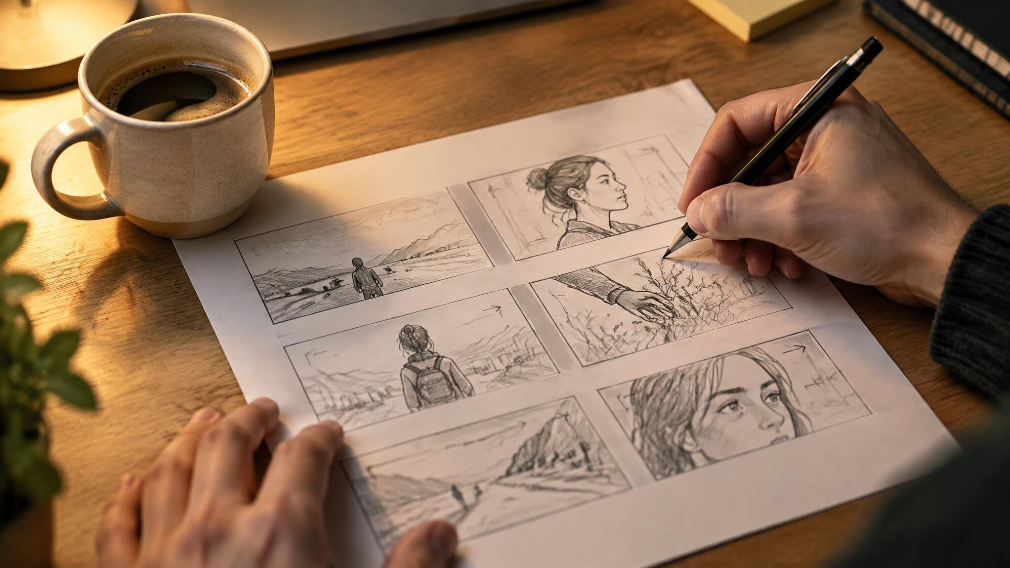 Hands sketching a storyboard
