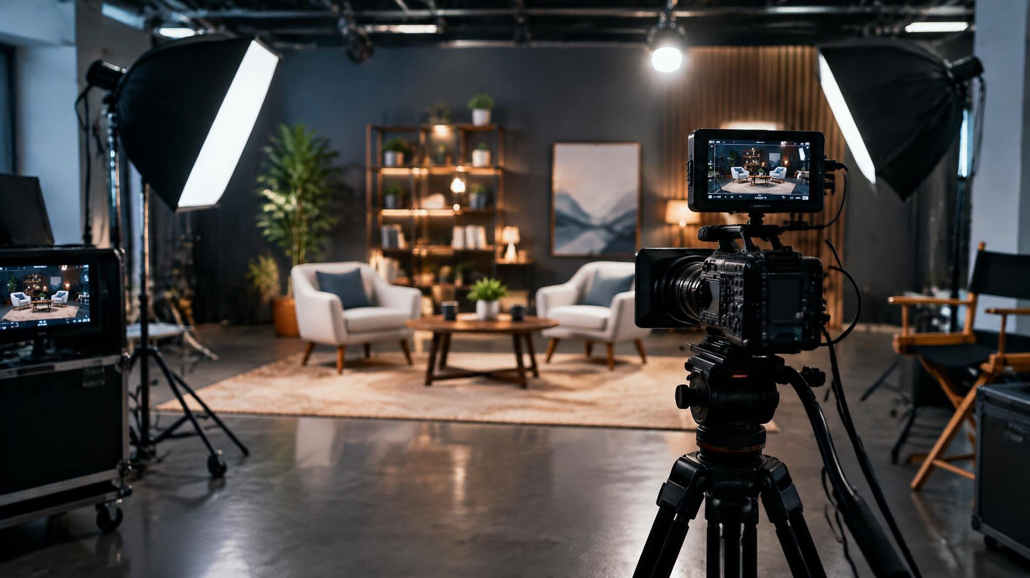 Camera operator filming in a professional video studio