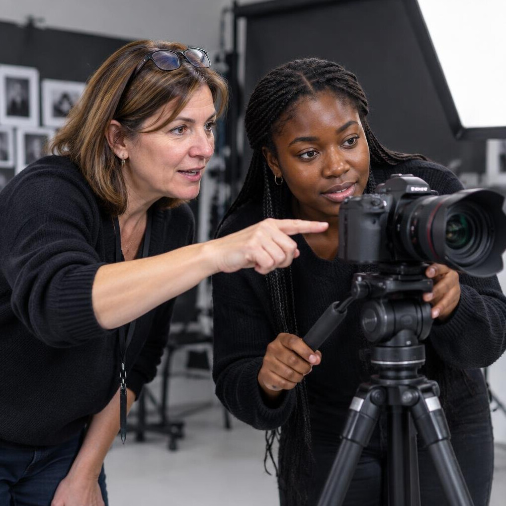 Instructor demonstrating camera framing to a student